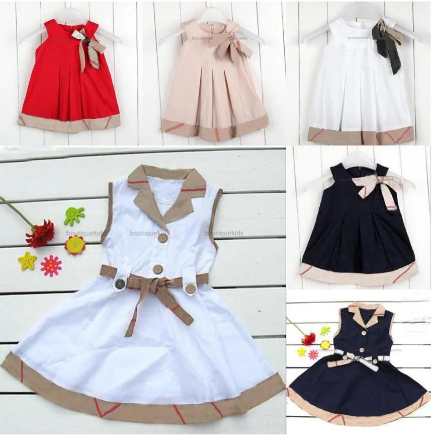Designer flicka barn rutiga klänningar baby flickor ärmlös bälte klänning sommar barn bomullskläder