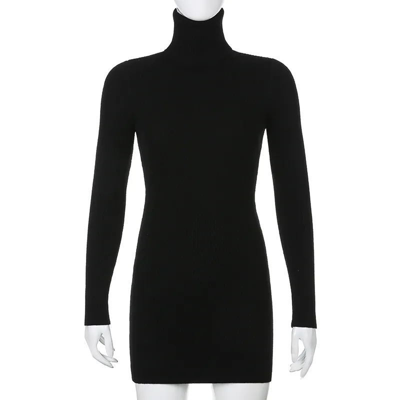 blue dress for baby girl Turtleneck Long Sleeve Mini Dress with Slit and Ribbed Paneling