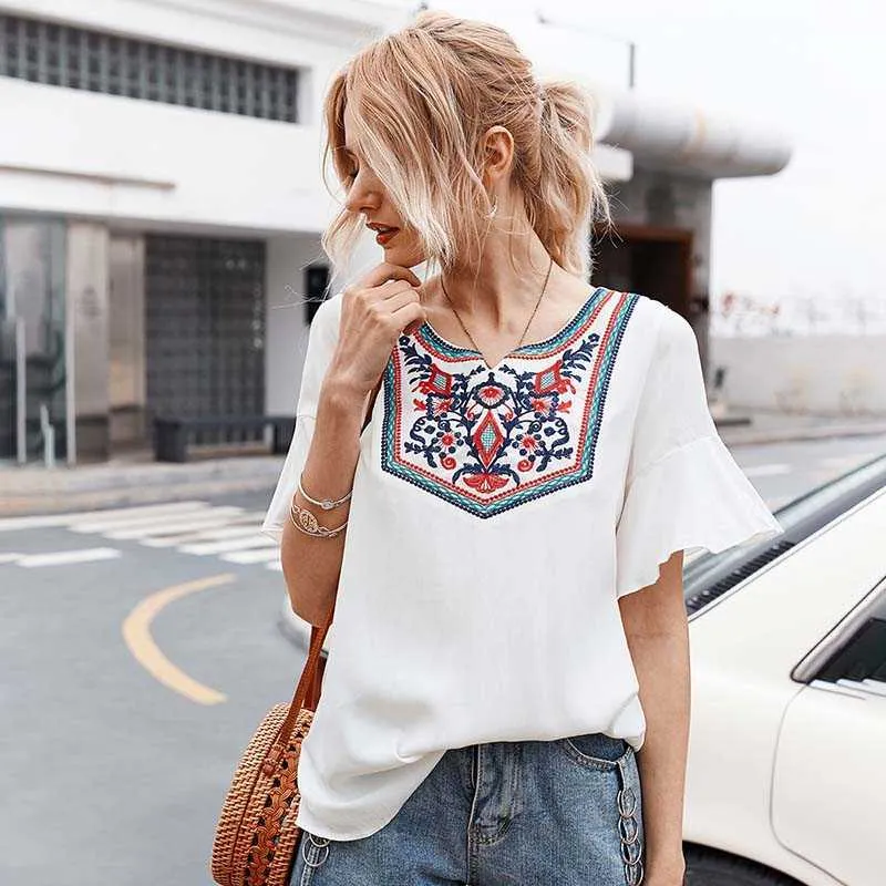 Wydrukowane haft Kobiety T-shirt Casual Solid White Flare Rękaw Summer High Street Samice Tees Topy W520 210526