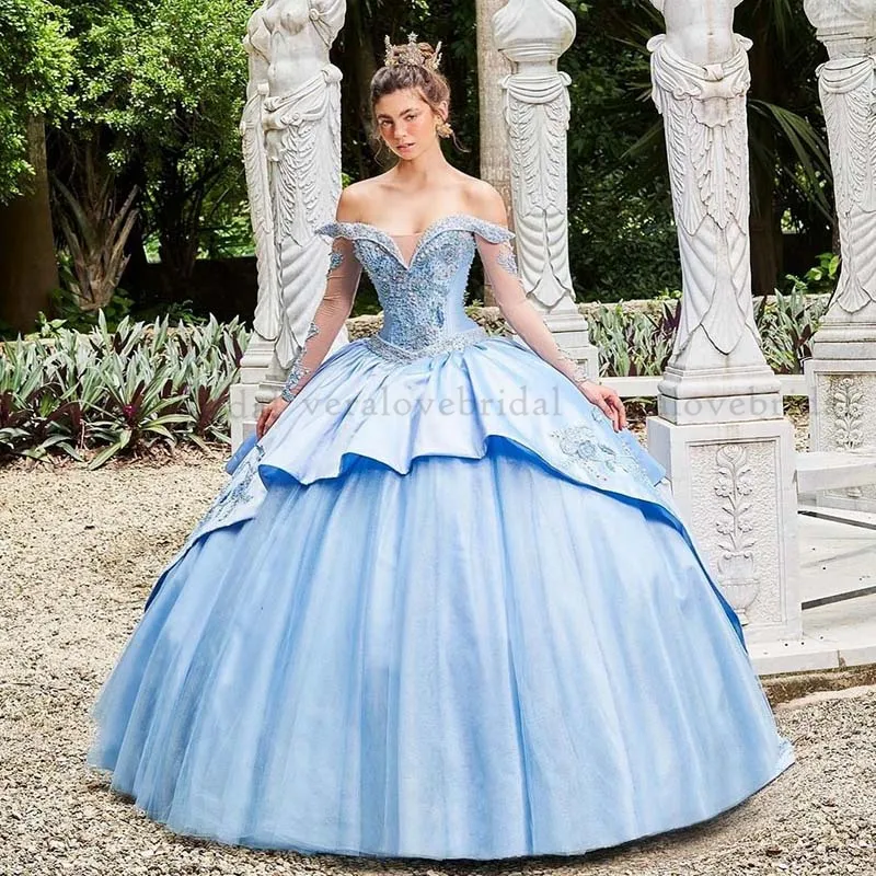 Princess Light Blue Quinceanera Dresses Tiered Skirt Beading vestidos de xv años 2021 Off Shoulder Masquerade Prom Wear