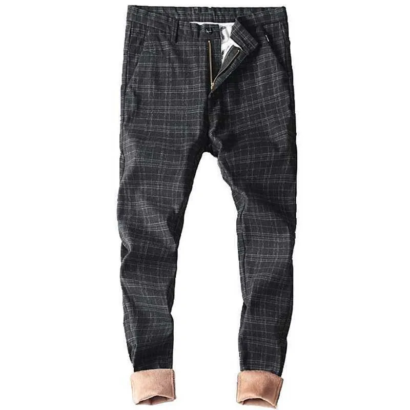 men's business casual pants Checked linen cotton brushed stretch trousers Fashion trend straight leg plus fleece slim pants 210531