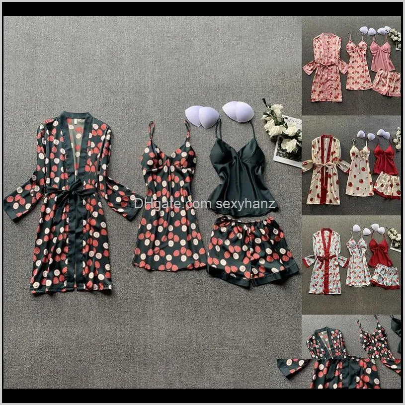 women 4 pieces pajamas sets satin sleepwear silk nightwear pyjama spaghetti strap sleep lounge pijama with chest pads1