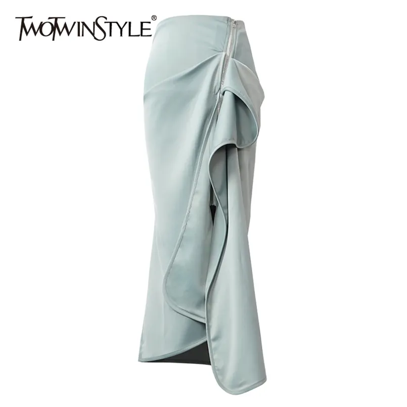 Elegant Green Patchwork Ruffle Skirt For Women High Waist Irregular Hem Midi Skirts Female Summer Fashion 210521