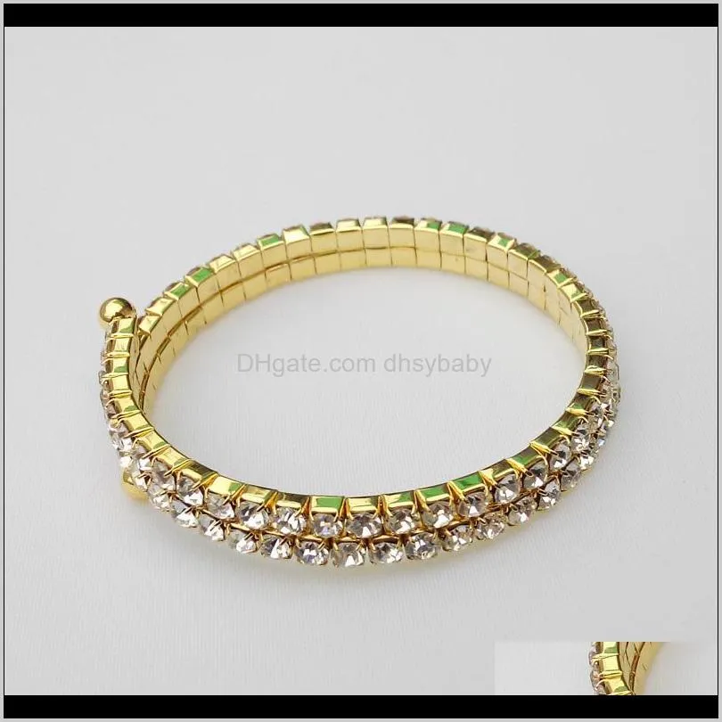 2 row wedding bridal spiral rhinestone crystal stretch bracelets bangle silver plated and gold plated jewelry accessories for women