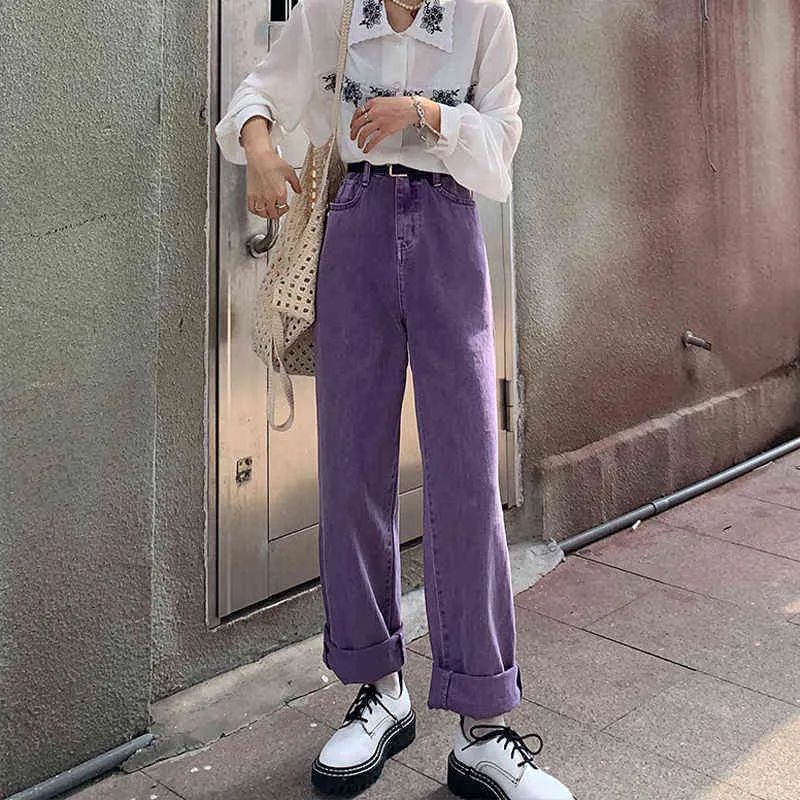 Bella Wysoka talia Purpurowe dżinsy Harajuku Koreański Urzzzan Dżinsy Dżnowo Spodnie Wild Daude Casual Girl Loose Spodnie Streetwear 211129