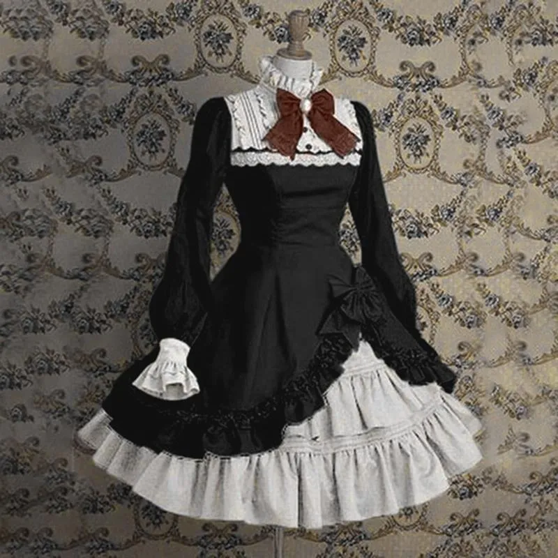 Casual Dresses Lady Lolita Dress Women Lace Långärmad Bowtie Cosplay Kostymer Party med Bow Gothic Plus Storlek Kläder Robe