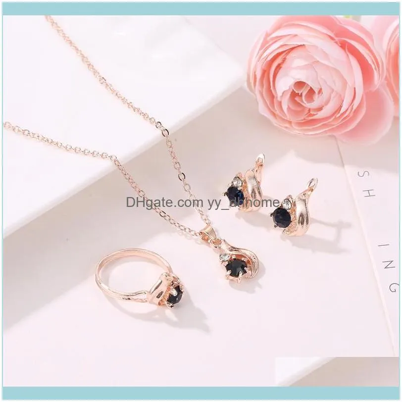 Earrings & Necklace Obsidian Water Drop Pendant Necklaces Jewelry Set Exquisite Earring Rings For Women Wedding Party Engagement