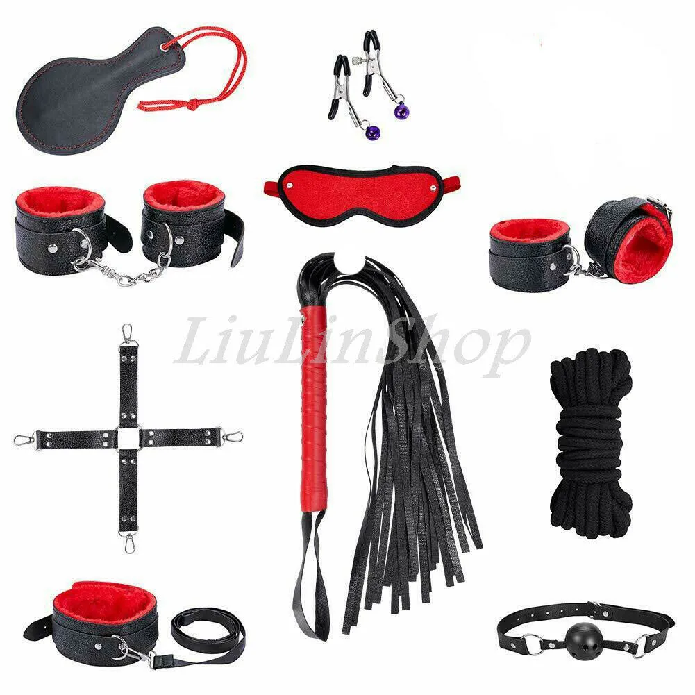 10pcs Bondage Artificial Leather and Soft Fur Restraint Kit, Mouth Closure, Collar, Cuff, Rope Paddle