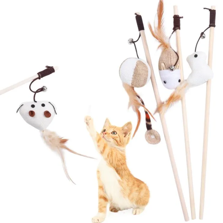 ألعاب CAT Supplies Pet Home Garden Toy Cute Design Bird Feather Dog Tease Wooden Stick for Cats Product