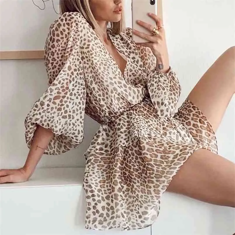 Été élégant mode mi-taille O cou sans bretelles robe en mousseline de soie plage imprimé léopard midi pour femmes vestidos 210508