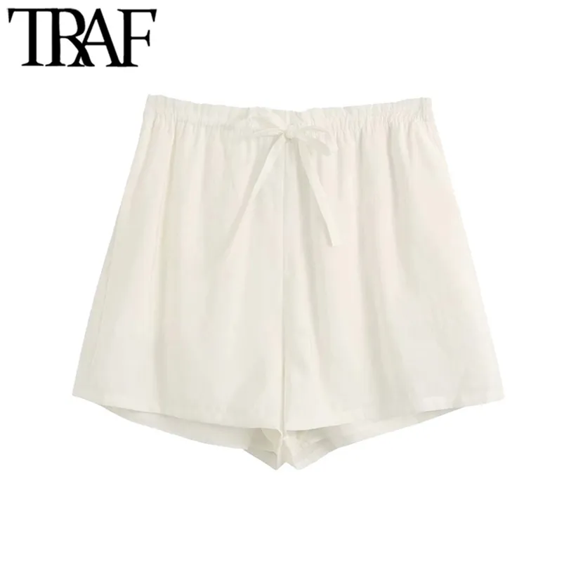Kvinnor mode med dragkedja shorts vintage hög elastiska midja sidofickor kvinnliga korta byxor pantaloner cortos 210507