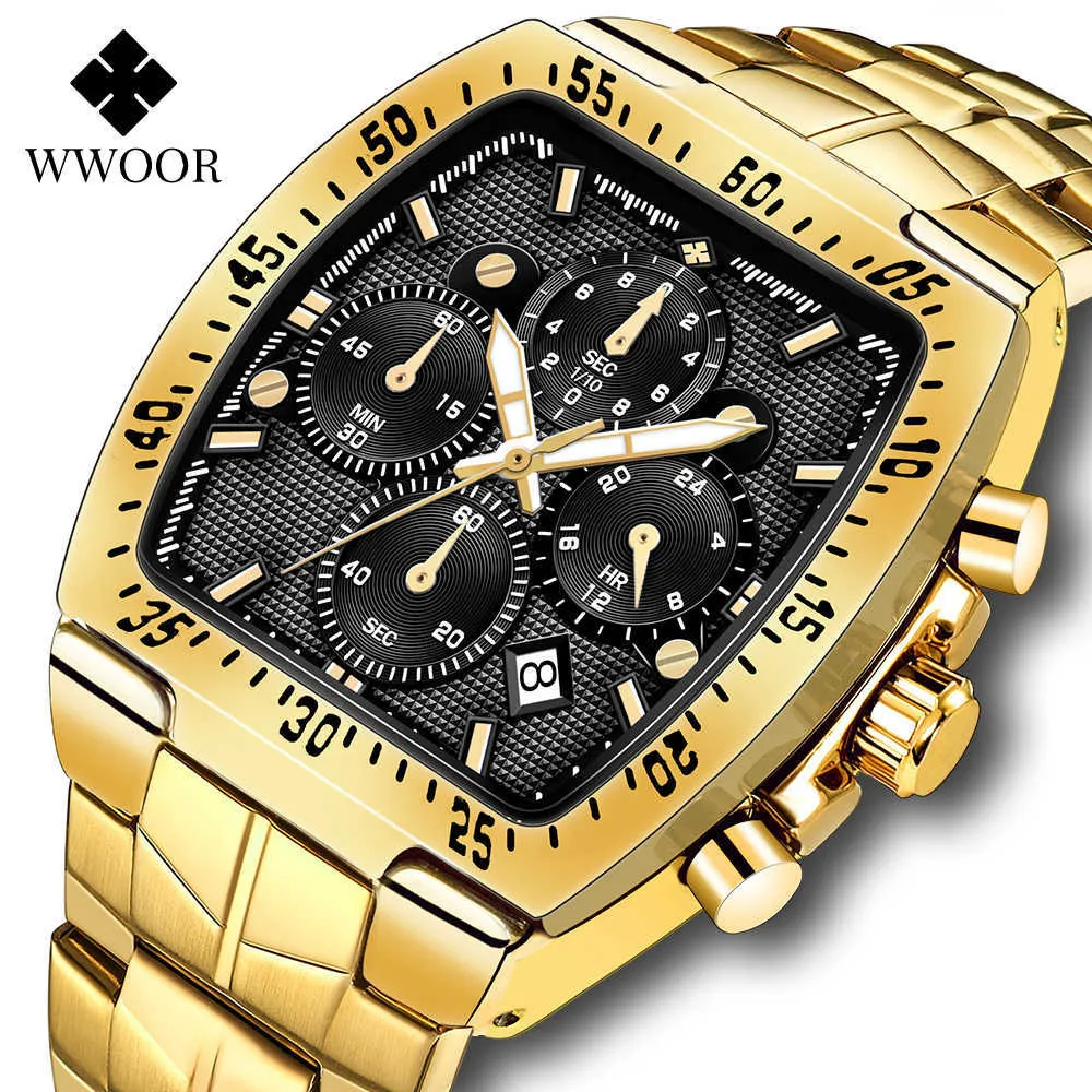 Wwwoor Luksusowe Wojskowe Mężczyźni Zegarki Złoty Czarny Kreatywny Moda Zegar Mężczyzna Sport Wodoodporny Chronograf Relogio Masculino 210527