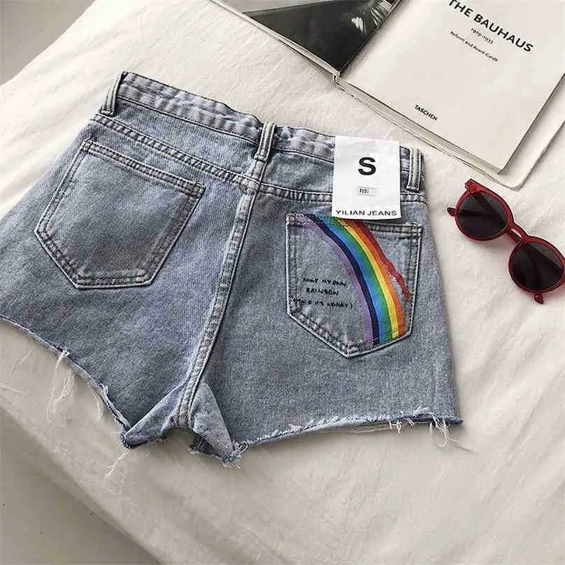 Sommar hög midja blå denim shorts kvinnor brev broderi koreanska bottoms kvinna streetwear jeans rippade 210525