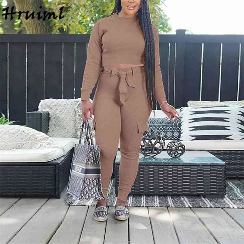 Two Piece Set Women Casual Solid Long Sleeve Crop Top and Belt Pants Sets Sweat Suits Autumn Plus Size 2 Outfits 210513