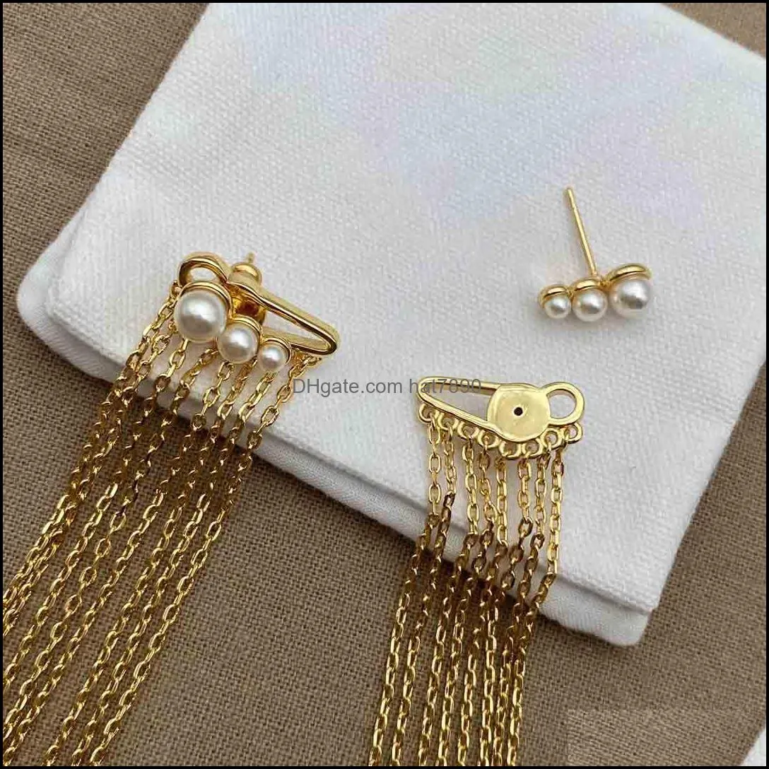 Stud Stainless Steel Long Chain Threader Earrings Tassel Imitation Pearl Drop Earring For Women Wedding Bridal