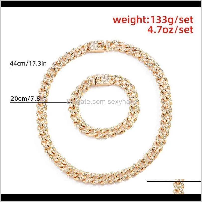 hip hop  curb iced out rhinestones link chain necklace and bracelet jewelry set cuban chain bling rapper necklaces for men