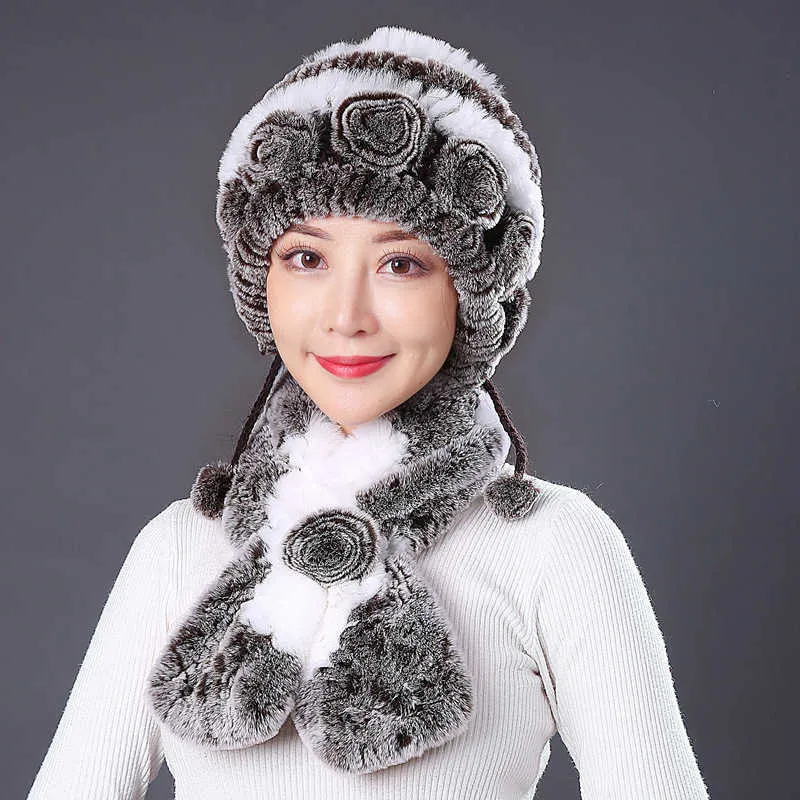 حقيقي الفراء القبعات الأوشحة مجموعات النساء الشتاء محبوك ريكس أرنب وشاح سيدة رقيق دافئ 100٪ الطبيعية 2 قطعة