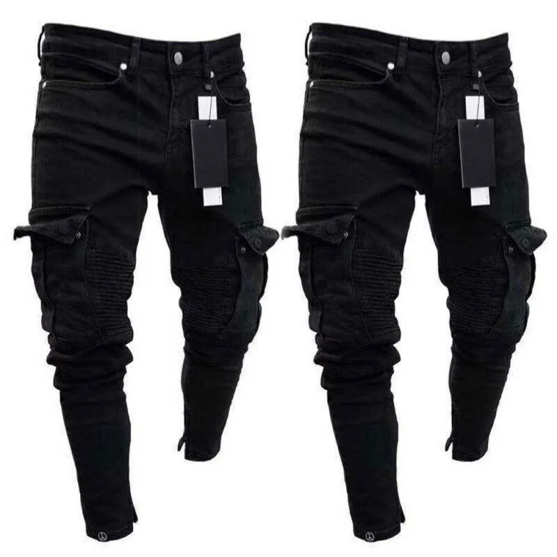 Men's Jeans fashion Black Jean Men Denim Skinny Biker Destroyed Frayed Slim Fit Pocket Cargo Pencil Pants Plus Size S-3XL Fashion