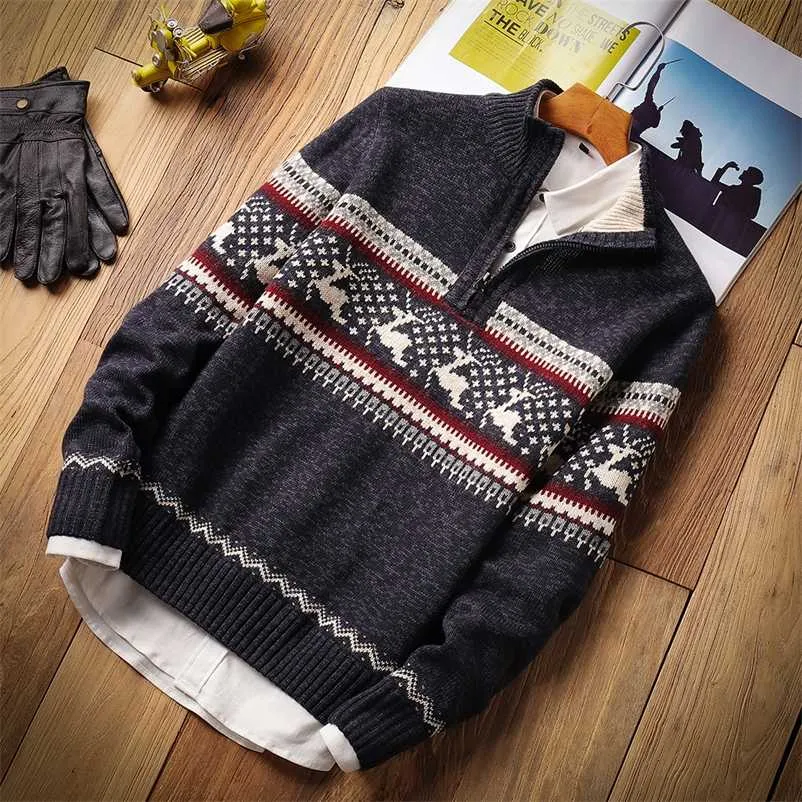 Mężczyźni Jesień Dorywczo Żakardu Ciepłe Pół Zamek Świąt Boże Narodzenie Sweter Cardigan Jacket Mężczyźni Zima Vintage Mock Neck Sweter Pullover Men 211018