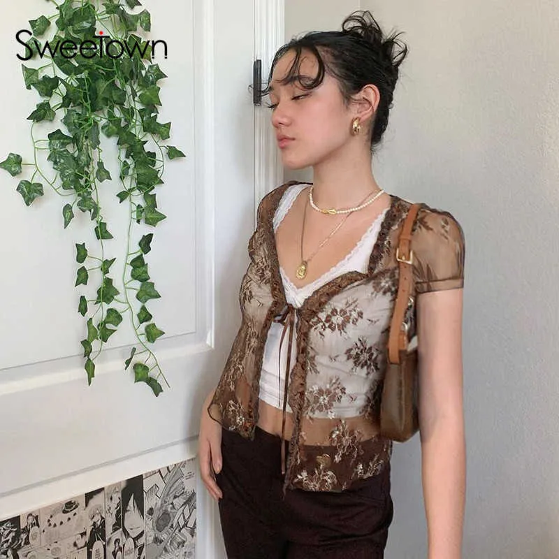 Sweetown Brown Vintage Y2K Lace Crop Top Short Sleeve See Through Sexy Mesh Woman Tshirts V Neck Lace Up Floral Kawaii Clothes Y0629