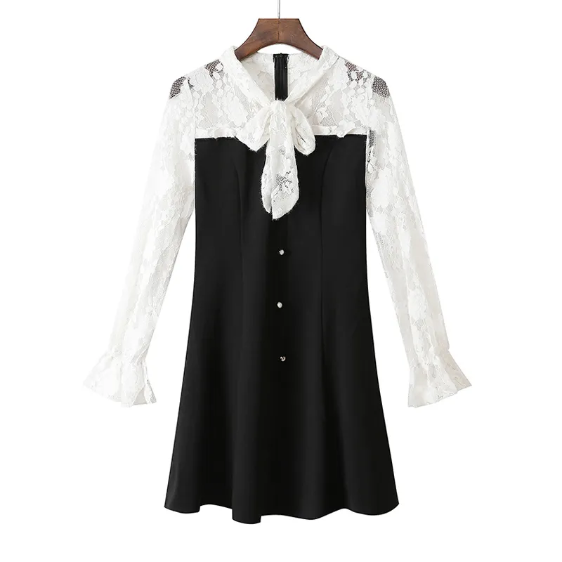 Women Black Bow Collar Crochet Lace Patchwork Button Flare Sleeve Long Empire A-line Mini Dress Spring D2449 210514