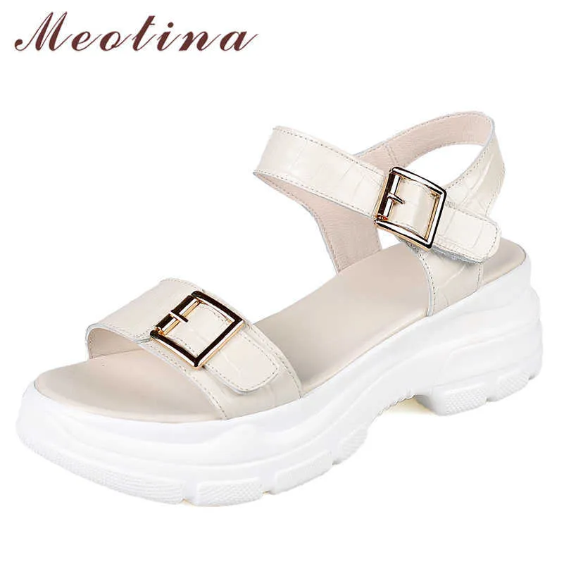 Meotina Sandals Shoes Women Genuine Leather Sandals Platform Wedges High Heel Shoes Buckle Square Toe Lady Footwear Summer Black 210608