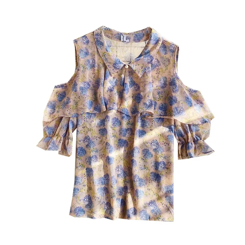 Women's Floral Chiffon Shirt Short Sleeve Tops Summer Turn-down Collar Strapless Ruffled Puff Loose Sweet ML887 210506