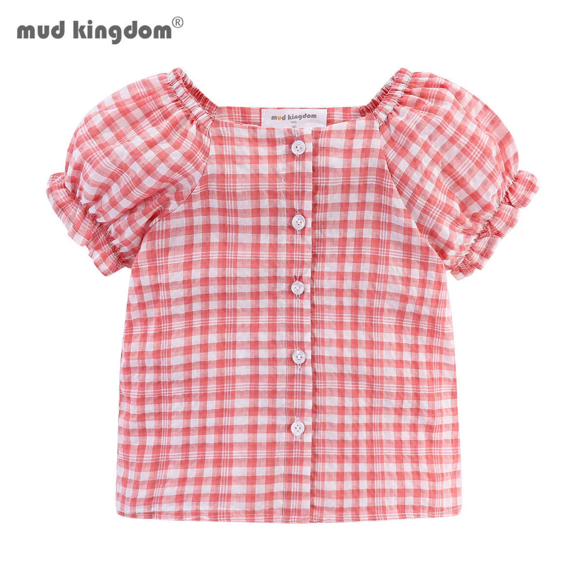 Mudkingdom xadrez manga manga meninas blusa botão para baixo verão bolha fora do ombro Cardigan camisa 210615