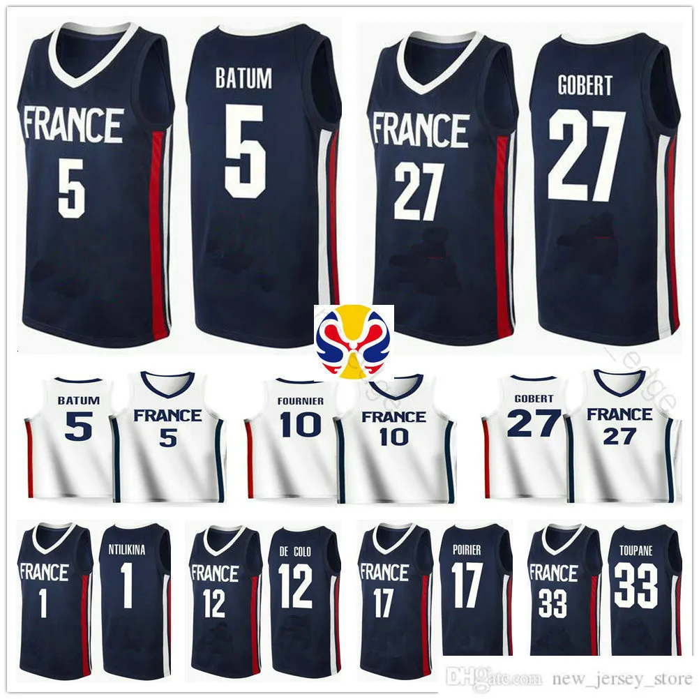 Equipo de la Copa del Mundo de 2019 Camiseta de baloncesto de Francia Frank Ntilikina 1 Nicolas Batum 5 Rudy Gobert 27 Evan Fournier 10 Nando De Cole 12 Amath Mbaye