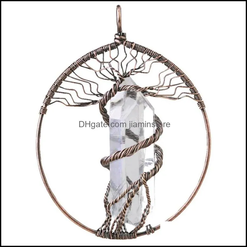 Tree of Life Pendant with Stones Natural Stone Pendants for Necklace Jewelry Making Wire Wrapped Rock Crystal Quartz(no chain)