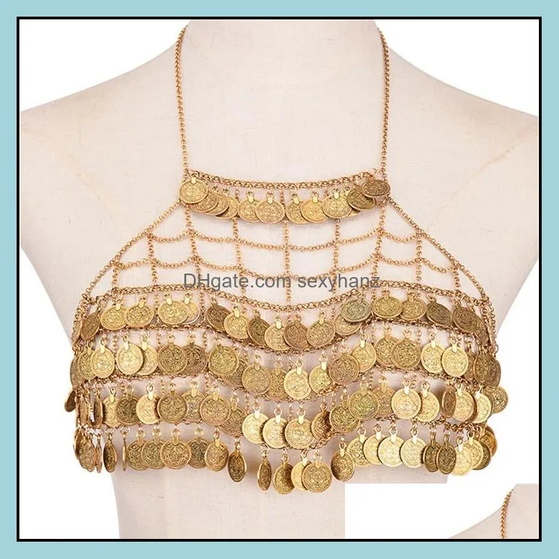 Exaggerated fashion personality body chain metal heavy industry multi-layer coin tassel chest chain