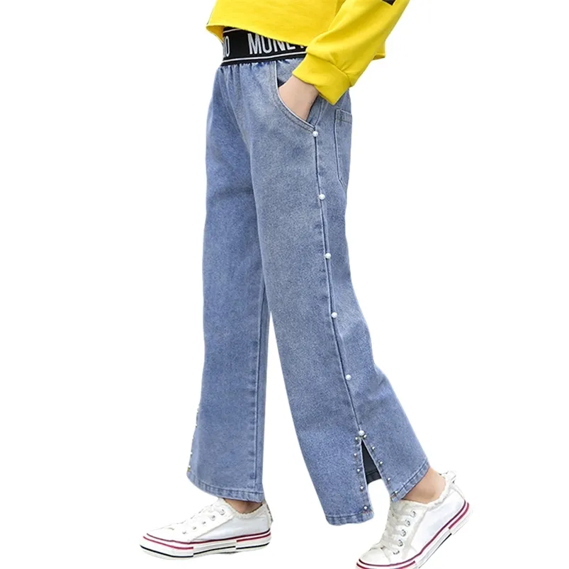 Jeans para meninas pérolas menina crianças estilo casual miúdo primavera roupas de outono 6 8 10 12 14 210527