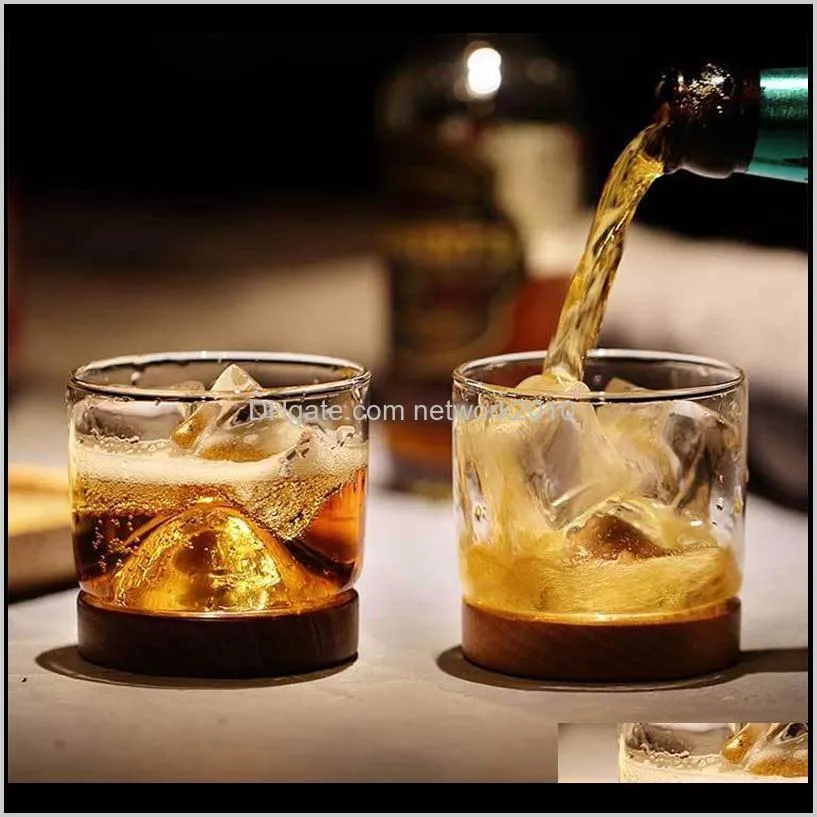 home kitchen whiskey wine glass mountain wooden bottom irish wine transparent glass cup tea cup for whiskey wine vodka bar club tools