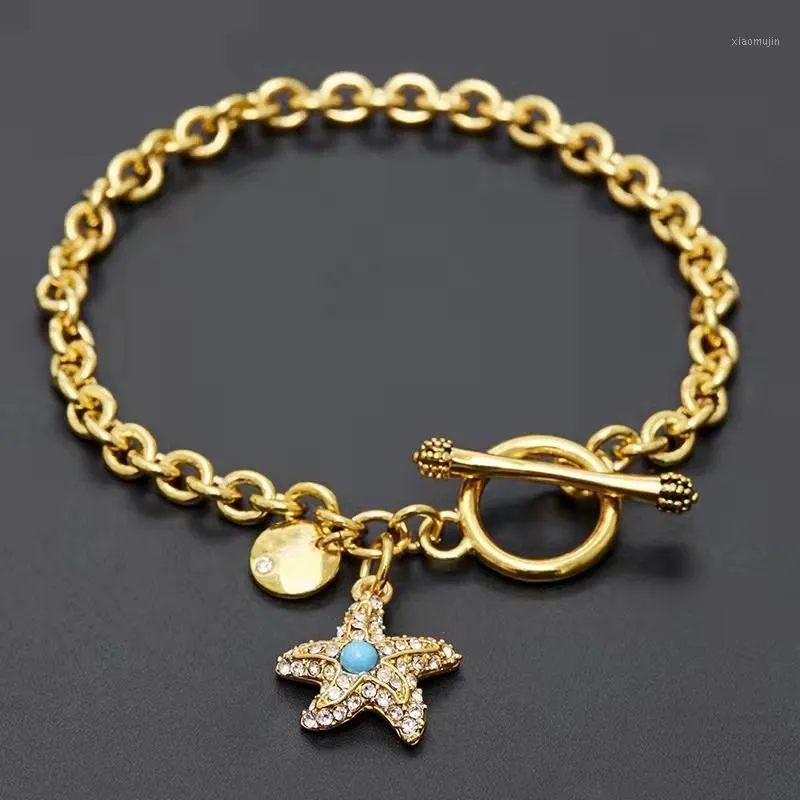 Bracelets porte-bonheur 2022 série Mori micro-incrusté de diamants ronds marque T boucle bleu jade étoile de mer Bracelet mode bijoux plaqué or