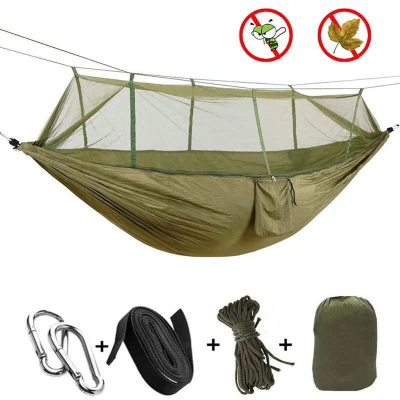 Camping / Tuin Hangmat met Mosquito Netto Buitenmeubels 1-2 Persoon Draagbare Opknoping Bed Strength Parachute Fabric Sleep Swing