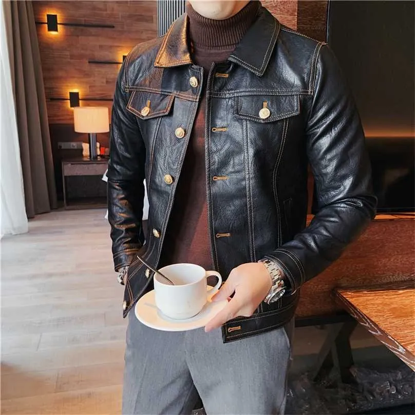 Hoge Kwaliteit Herfst Winter Koreaanse Slim Fit Single Breasted Kraagvorm Motorfiets PU Leren Jas Mannen Kleding 2022 Jassen 220125