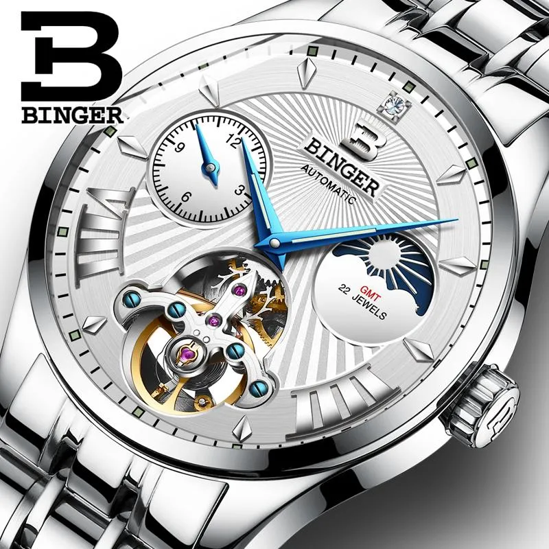 Швейцария Binger Tourbillon Механические часы Автоматическая Мужская фаза Moon Pull Steel Band Sapphire светящиеся водонепроницаемые часы наручные часы