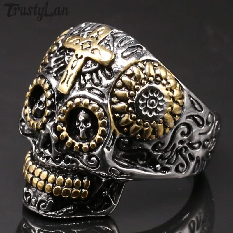 Cluster Rings Gothic Mens Golden Stainless Steel Hip Hop Biker Jewelry Friends Gifts For Men Ring Male Big Size 15 16 17