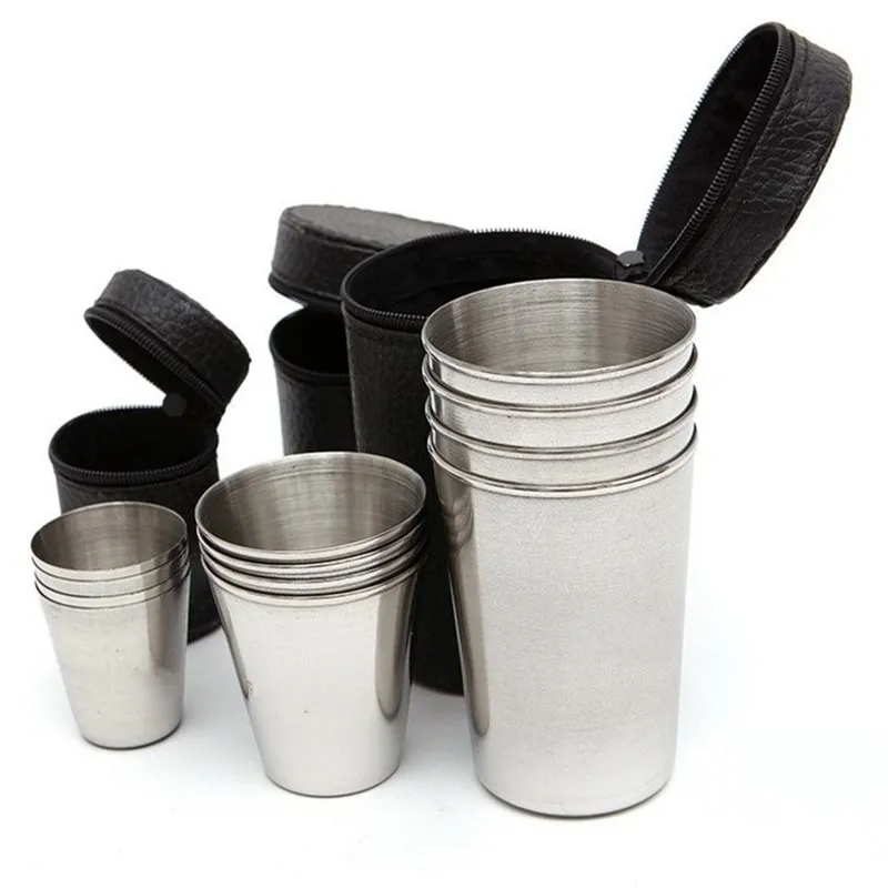 1 uppsättning 4 rostfritt stål camping kopp rånar dricker kaffe te med fodral för utomhus ny ankomst