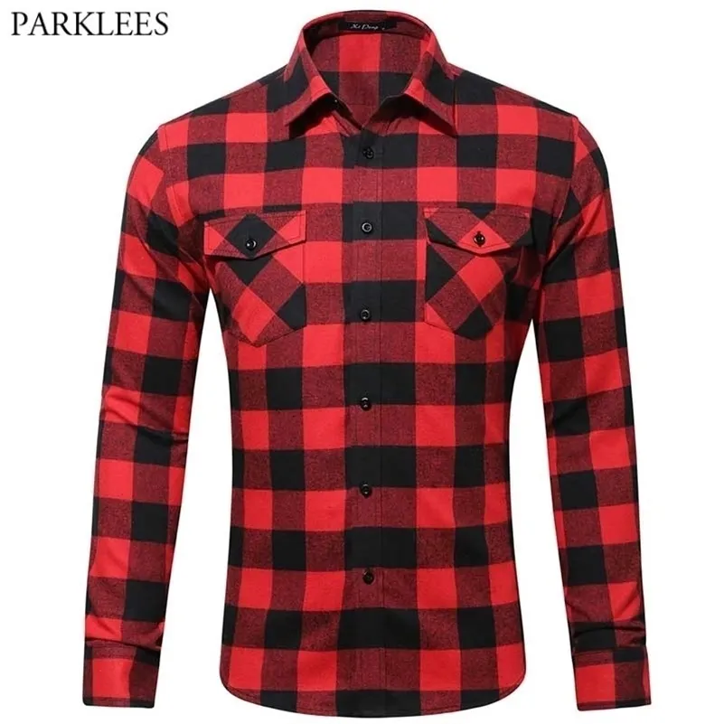 Chemises en flanelle à carreaux pour hommes Chemise à carreaux à double poche pour hommes Tenue boutonnée décontractée à manches longues pour le camp ou le travail 210522