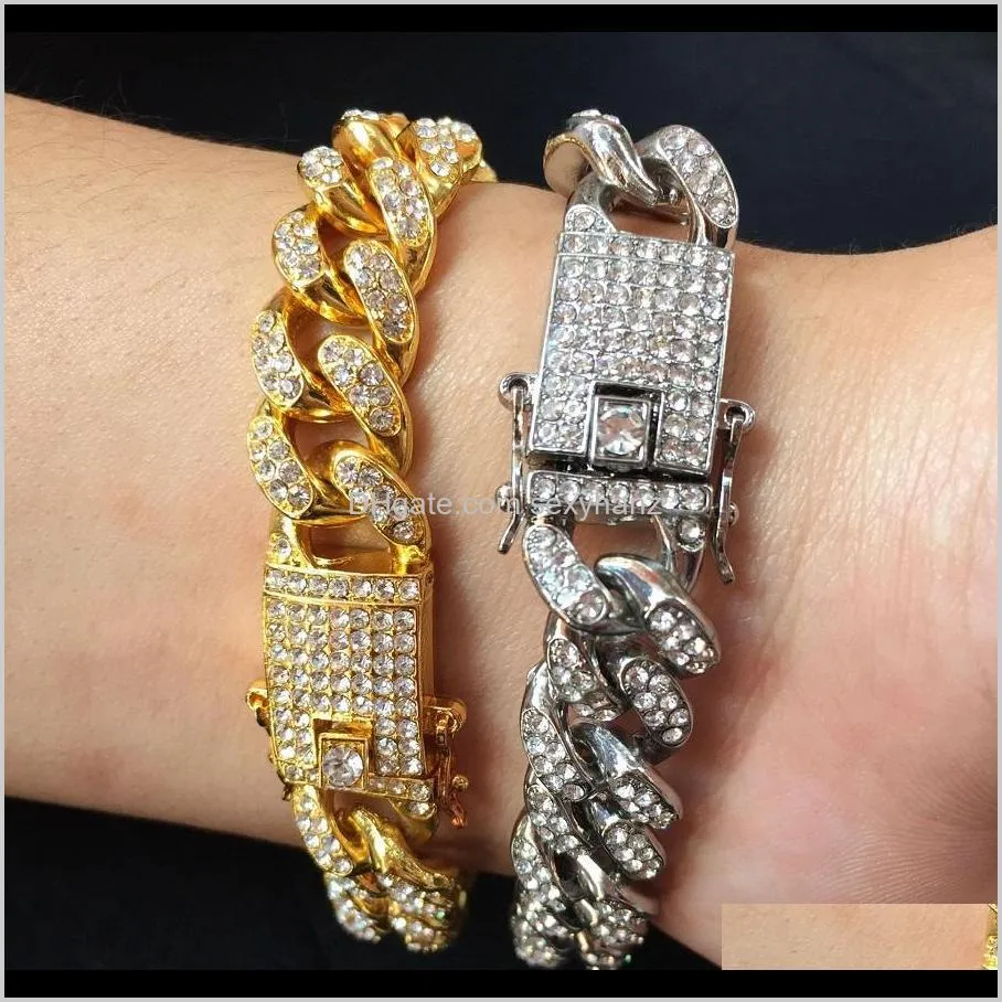 new fashion mens bracelets 14k gold chains cuban link bracelet punk hip hop jewelry gold silver color rhinestone design men gift for