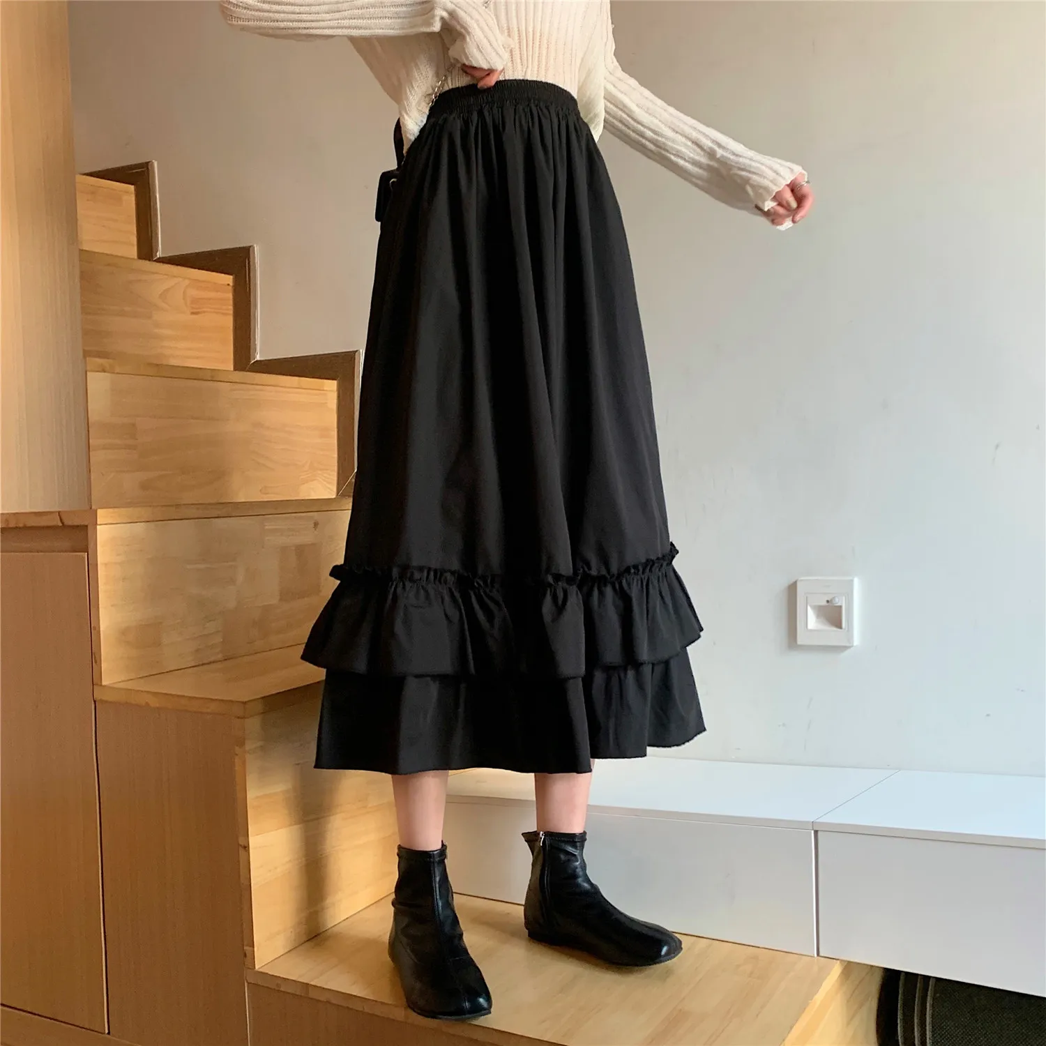 Women s Long Grey Ruffled Dress with Fitted Top and Ruched Skirt