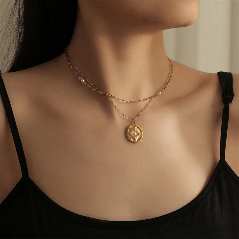 Pendant Necklaces WeSparking EMO Stainless Steel Gold Plated Vintage Coin And Pearl Necklace Clavicle Chain For Women