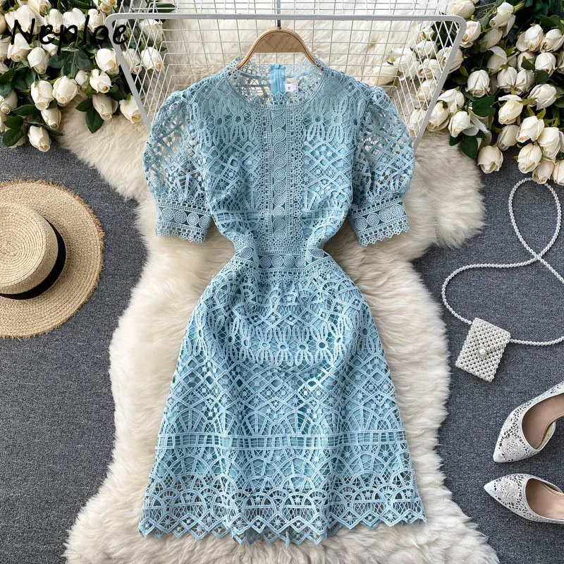 NEPLOE Vintage Court Style Styl Temperament Sukienka Kobiety O Neck Sweter Krótki Rękaw Vestidos Letnia Koronka Szata Solid 210510