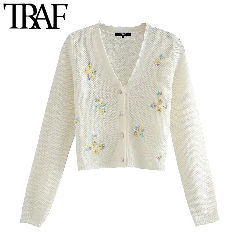 TRAF Women Fashion Floral Embroidery Cropped Cardigan Sweater Vintage Lange Mouw Button-Up Vrouwelijke Bovenkleding Chic Tops 210415