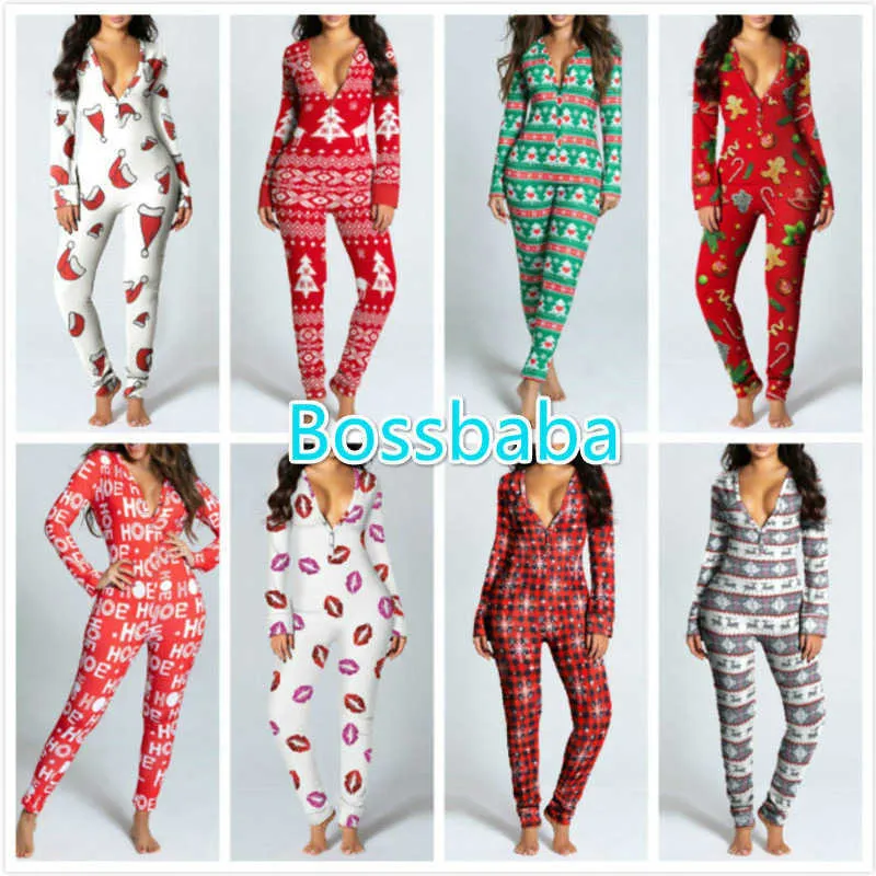 Kvinnor Jumpsuits Slim Sexig Designer Knapp Flip Vuxen Pyjamas Tryckta Jul Långärmad HouseweWear Ladies Nya Fashion Winter Rompers