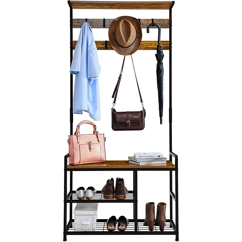 Furniture Coat Rack, Shoe Stool, 3 In 1 Hall Entrance Storage Racks, Large Coats Racks, With