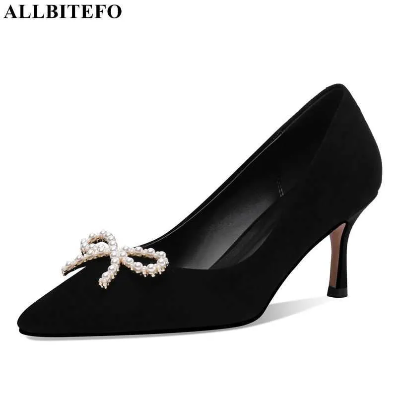 AllbiteFo Bowtie Prawdziwej Skóry Sexy High Heels Wedding Woemn Shoes Cienkie Obcasy Biurowe Damskie Buty Kobiety Obcasy 210611