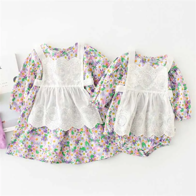 Frühling Herbst Kinder Mädchen Floral Zwei Stück Strampler Infant Baby geboren Kleid Kleidung 211118