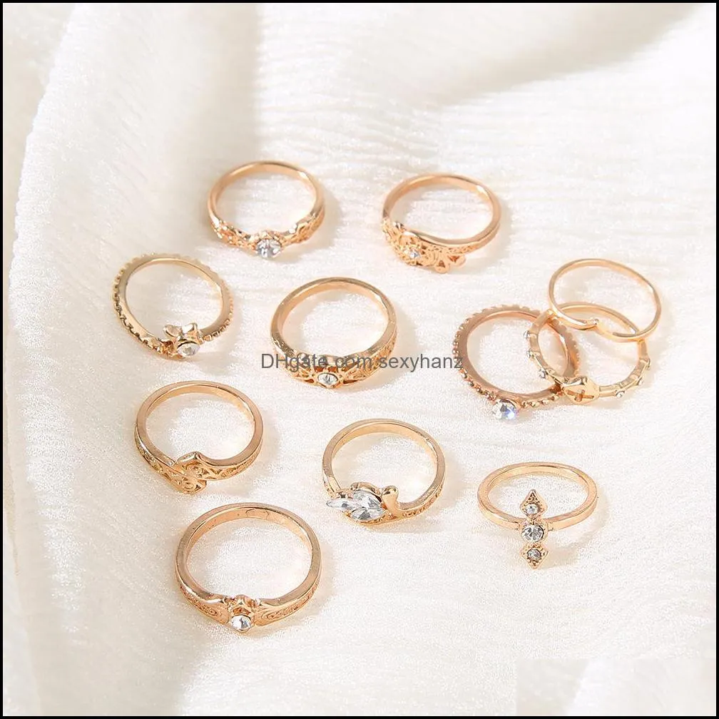 S2225 Fashion Jewelry Knuckle Ring Set Hollow out Rhinstone Flower Stacking Rings 11pcs/Set